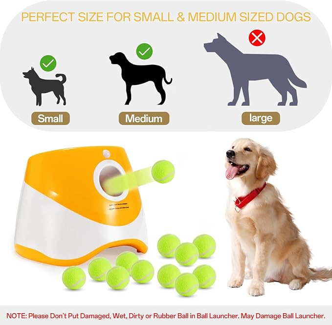 Automatic Dog Ball Launcher, with 12PCS Tennis Ball 3 Adjustable Distances Settings, Rechargeable Ball Launcher for Dogs,Interacive Dog Toys Thrower Machine Perfect for Small Dogs(Yellow)