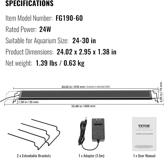 VEVOR Aquarium Light, 24W Full Spectrum Fish Tank Light with 24/7 Natural Mode, Adjustable Timer & 5-Level Brightness, with Aluminum Alloy Shell Extendable Brackets for 24"-30" Freshwater Planted Tank