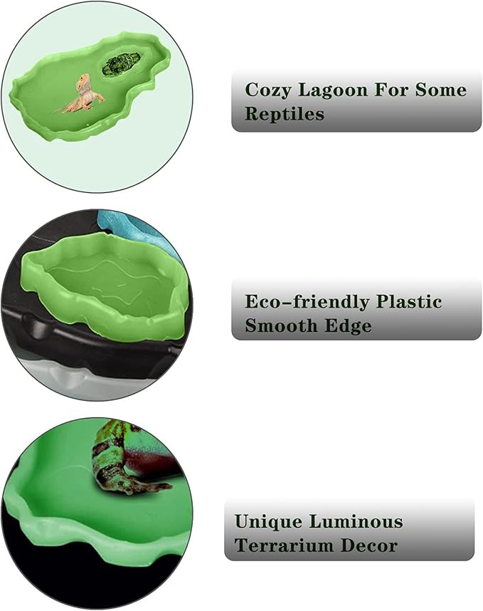 Tfwadmx Reptile Food and Water Bowl Set Luminous Bearded Dragon Dishes Tortoise Feeder Lizard Habitat Large and Small Amphibian Feeding Plates Terrarium DéCor for Turtle Gecko Snake Tegu Iguana 2 Pcs