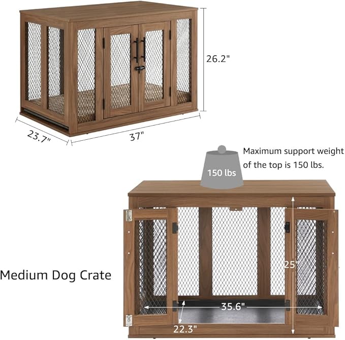 unipaws Furniture Dog Crate with Tray for Medium Dogs, Indoor Aesthetic Puppy Kennel Pet House Dog Cage with Door, Modern Decorative Wood Pretty Cute Fancy End Side Table Nightstand, Walmut