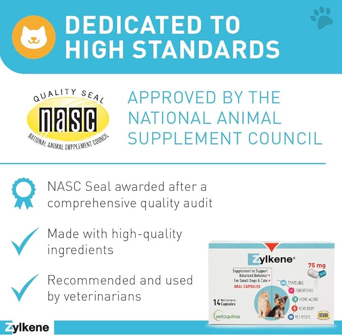 Vetoquinol Zylkene Calming Support Supplement for Small Dogs and Cats, Helps Promote Relaxation and Reduce External Stress Factors, Daily Behavioral Support and Anxiety Relief for Dogs and Cats, 75mg