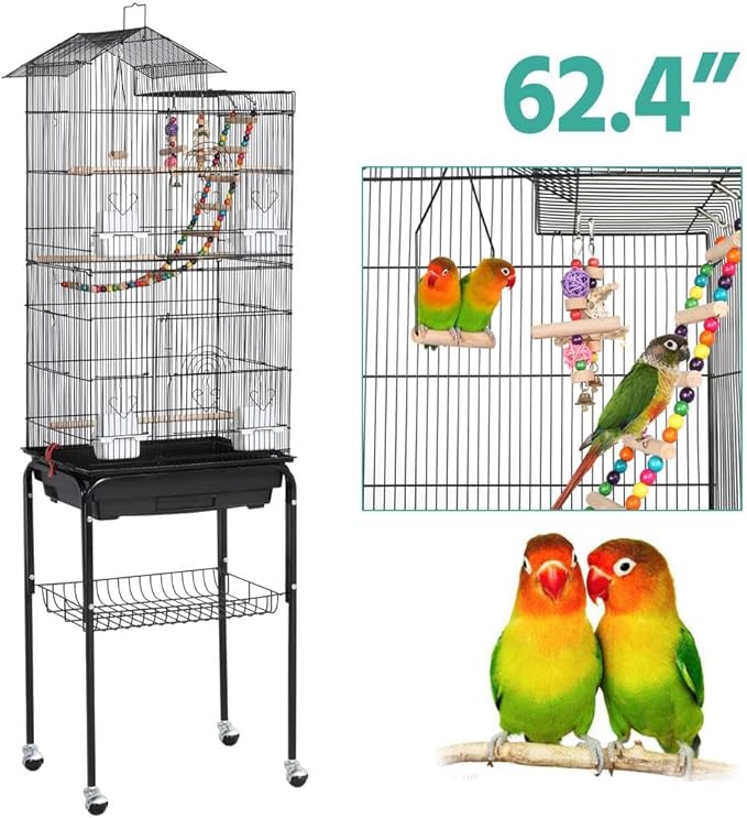 Yaheetech Bird Cage 64-inch Play Open Top Medium Small Parrot Parakeet Bird Cages with Detachable Rolling Stand for Parrot Lovebirds Finches Parakeets Budgie Parrotlet Conures, Pet Flight Birdcage