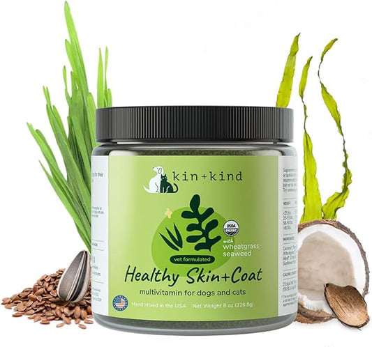 kin+kind Organic Multivitamin for Dogs & Cats - Vitamins and Supplements for Healthy Skin and Coat - Natural Formula with Wheatgrass, Kelp, Flax Seed, Seaweed and Coconut - Large 8 oz - Made in USA