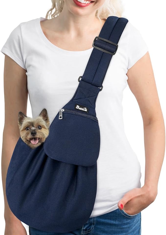 SlowTon Dog Carrier Sling - Thick Padded Adjustable Shoulder Strap Dog Carriers for Small Dogs, Puppy Carrier Purse for Pet Cat with Front Zipper Pocket Safety Belt Machine Washable (Navy Knitted, M)