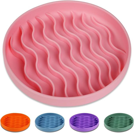 Slow Feeder Dog Bowls, Silicone Food Bowl Anti-Gulping, Pets Puppy Slow Feeder with Suction Cups, Dishwasher Microwave Safe for All Small Medium Dogs, Wave Design Pink