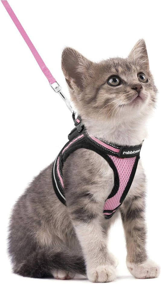 rabbitgoo Cat Harness and Leash Set for Walking Escape Proof, Adjustable Soft Kittens Vest with Reflective Strip for Cats, Comfortable Outdoor Vest, Pink, S