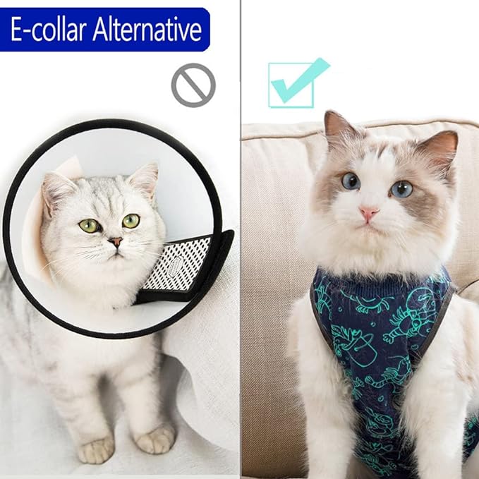 Cat Surgery Recovery Suit Cat Onesie for Cats After Surgery for Surgical Abdominal Wound Or Skin Diseases E-Collar Alternative Wear Cat Neutering Bodysuit Wear (Dark-blue-S)