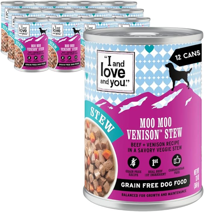 I AND LOVE AND YOU Wet Dog Food - Moo Moo Venison Stew - Beef + Venison Recipe, Grain Free, Filler Free 13oz can, 12pk