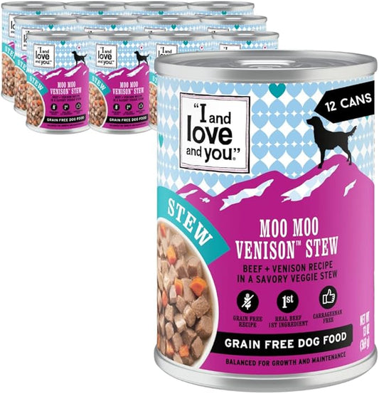 I AND LOVE AND YOU Wet Dog Food - Moo Moo Venison Stew - Beef + Venison Recipe, Grain Free, Filler Free 13oz can, 12pk