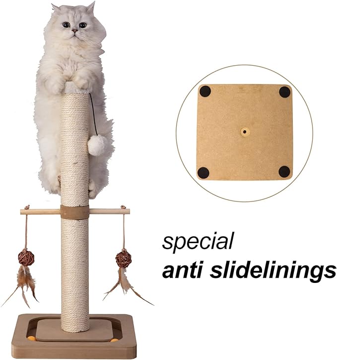 Cat Scratching Post Premium Sisal Toll Scratch Posts with Tracking Interactive Toys Vertical Scratcher for Indoor Cats and Kittens- 25 inches Beige