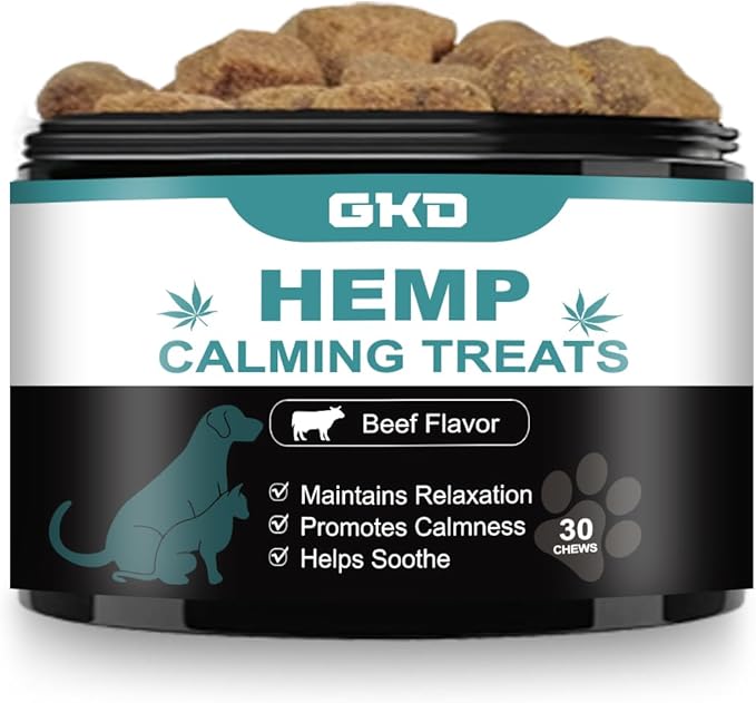 GKD Puppy Calming Chews Dogs, Hemp Dog Calming Treats Relief Bites Gummies, Anxiety Relief Sleeping Comfort Firework Grooming Seperation Relaxation Calm Gummies Supplements Aids Pet Supplies