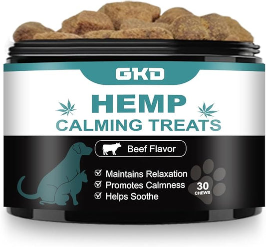 GKD Puppy Calming Chews Dogs, Hemp Dog Calming Treats Relief Bites Gummies, Anxiety Relief Sleeping Comfort Firework Grooming Seperation Relaxation Calm Gummies Supplements Aids Pet Supplies