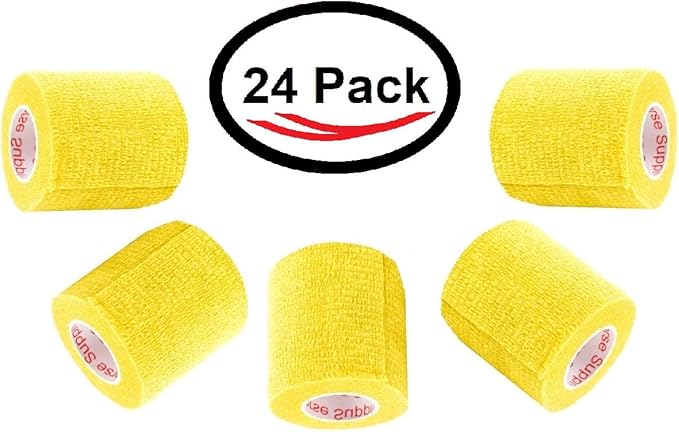 2 Inch Vet Wrap Tape Bulk (Yellow) (Pack of 24) Self Adhesive Adherent Adhering Flex Bandage Grip Roll for Dog Cat Pet Horse