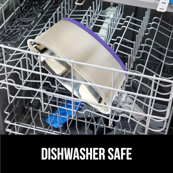 Gorilla Grip Stainless Steel Metal Dog Bowl Set of 2, Rubber Base, Heavy Duty Feeding Dishes, Food Grade BPA Free, Less Sliding, Quiet Pet Bowls for Cats and Dogs, Holds 6 Cups (48 fl oz), Purple