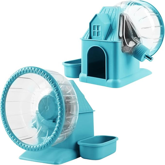 Silent Hamster Wheel Multifunctional Hamster Wheel Quite Running Spinner Wheel Accessories with Food Bowl Water Bottle for Hamsters Dwarf Gerbil (Blue)