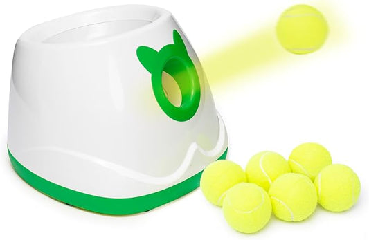 Automatic Ball Launcher, Adjustable Launch Distance, Including 6 2-inch Small Sized Tennis Balls, Suitable for Small to Medium Sized Dogs (Green)