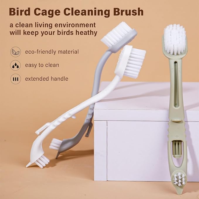 Bird Cage Cleaner with Two Brush Heads Long Handle Tool for Cleaning Bird Parrot Cages Kennels Perches