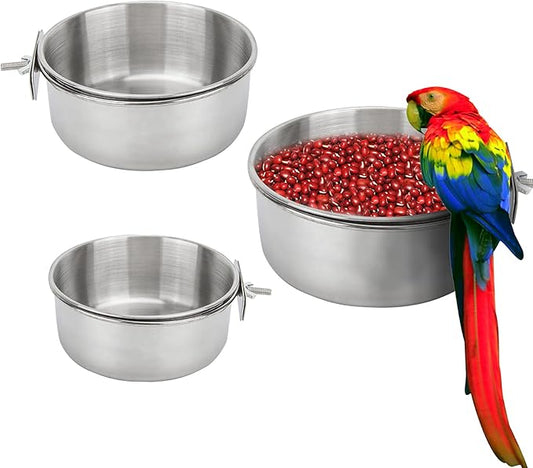 Bird Feeding Dish Cups 3 Pack Parrot Food Bowl Cage with Clamp Holder Stainless Steel Birdcage Coop Water Feeder for Cockatiel Conure Budgies Parakeet Macaw Finches Lovebirds Small Animal