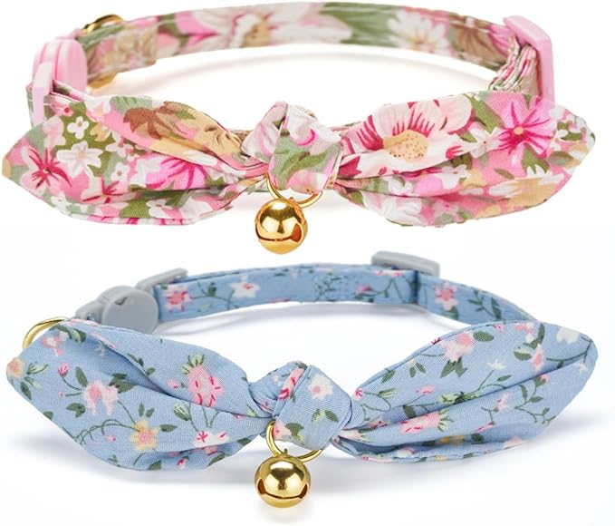 2 Pack Breakaway Cotton Cat Collars with Cute Bunny Ear Bowtie and Bell, Floral Female Male Kitten Collars(Pink & Blue)