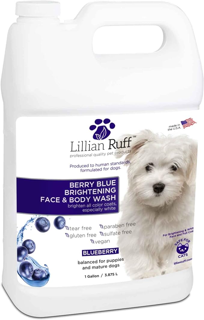 Lillian Ruff Berry Blue Brightening Face and Body Wash for Dogs - Blueberry Shampoo - Remove Tear Stains, Hydrate Dry Itchy Skin, Add Shine & Luster to Coats (Berry Blue Shampoo Gallon)