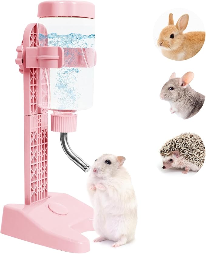 Pet Standing Water Dispenser Top Fill Dog Water Bottle Dispenser with Stand Leakproof Pet Slow Water Bottle for Small Animals, 13oz, BPA Free, Adjustable Height, Pink