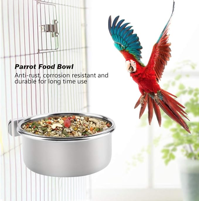 Parrot Feeding Bowls, Bird Cage Cups Holder - Stainless Steel Food and Water Dish, Bird Feeders with Clamp for Parakeet African Greys Conure Cockatiels Lovebird Budgie Chinchilla