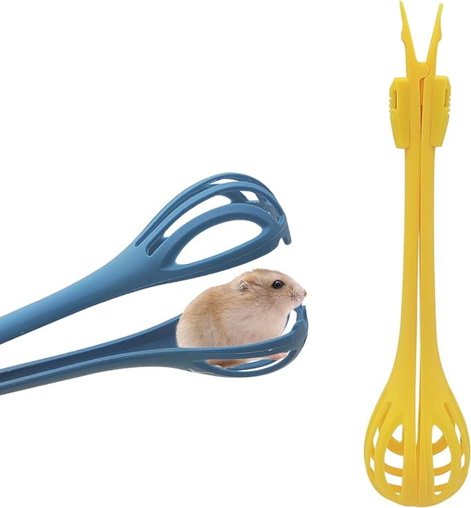 Andiker Anti-Bite Hamster Clips, 2Pcs Hamster Catcher with Long Handle to Pick Up The Small Pet, Observe Hamsters, Clean The Hamster Bedding, Hamster Accessories for Beginners (Yellow+Blue)