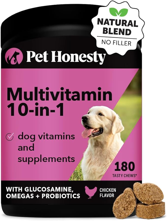 Pet Honesty Dog Multivitamin - 10 in 1 Dog Vitamins for Health & Heart - Fish Oil for Dogs, Glucosamine, Probiotics, Omega Fish Oil - Dog Vitamins and Supplements for Skin and Coat (Chicken 180 ct)