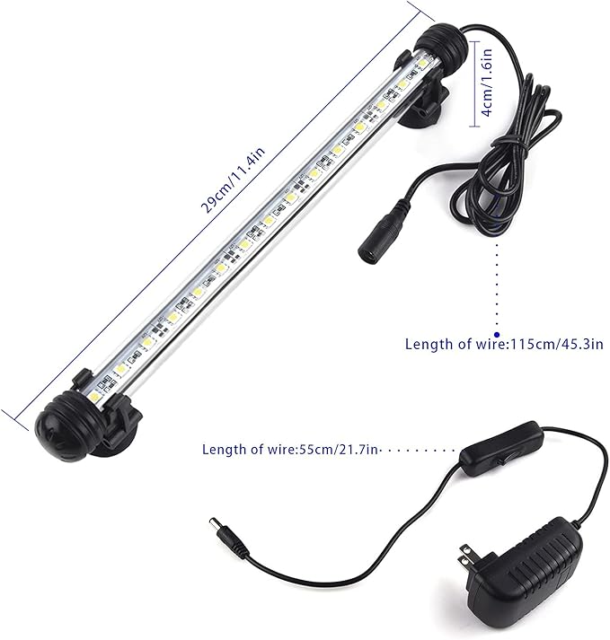 LED Aquarium Light, White Fish Tank Light Underwater Submersible Bright IP68 Waterproof Crystal Glass LEDs Lights Strip Lighting Bar with ON/Off Button, 11 Inch