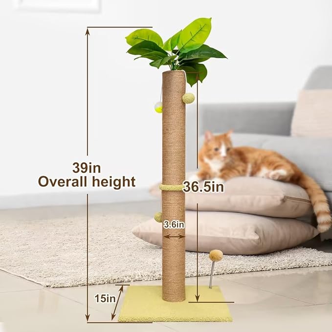 Scratch Post for Cat Post 36 INCH Tall Cat Scratch Post for Indoor Cats with Natural Sisal Rope 3.4 Inch Diameter Scratcher Post Tree Kitten Large Cat Interactive Toy(Leaf)…