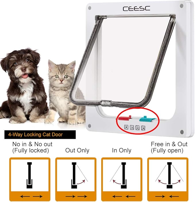 CEESC Large Cat Door (Outer Size 11" x 9.8"), 4 Way Locking Cat Door for Windows & Sliding Glass Door, Weatherproof Cat Flap Door for Cats & Doggie with Circumference < 24.8"