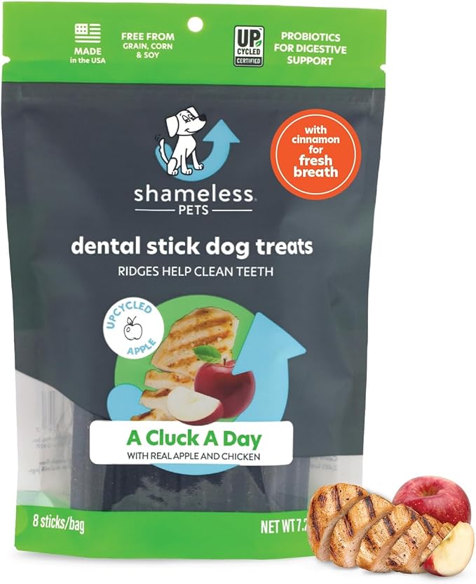 Shameless Pets Dental Treats for Dogs, A Cluck A Day - Healthy Dental Sticks with Digestive Support for Teeth Cleaning & Fresh Breath - Dog Bones Dental Chews Free from Grain, Corn & Soy