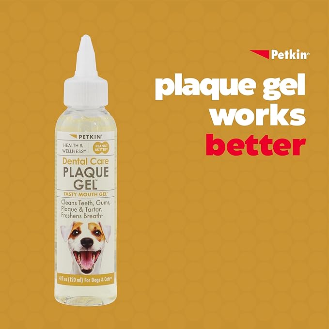 Petkin Plaque Remover Gel, Peanut Butter – Cleans Teeth and Gums, Removes Plaque and Tartar - Freshens Breath and Whitens Teeth with Baking Soda - Ideal for Daily Use, No Brushing or Rinsing - 4 fl oz