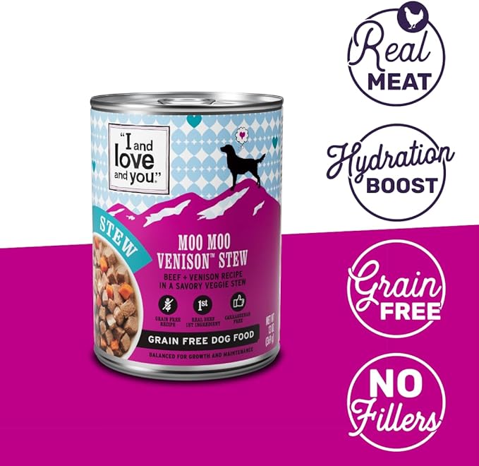 I AND LOVE AND YOU Wet Dog Food - Moo Moo Venison Stew - Beef + Venison Recipe, Grain Free, Filler Free 13oz can, 12pk