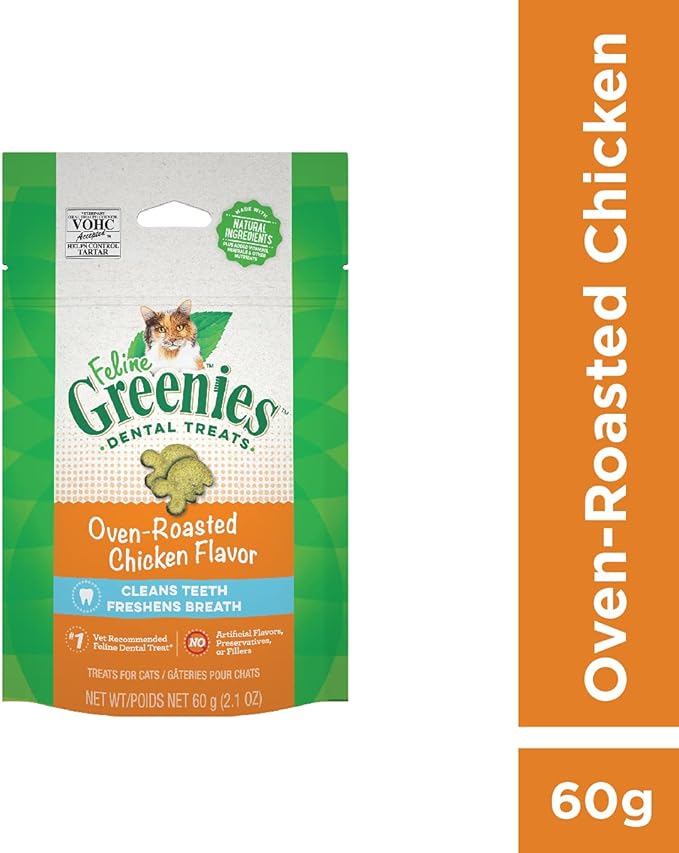 FELINE GREENIES Natural Dental Care Cat Treats Oven Roasted Chicken Flavor, 2.5 oz. Pouch