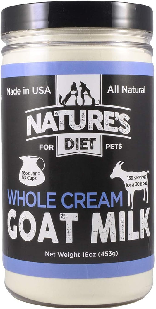 Nature's Diet Pet Dried Whole Cream Goat Milk for use as High Protein, Hypoallergenic Digestion, Anti-inflammatory Powdered Instant Meal Topper (16 oz = 53 Cups or 159 Servings)