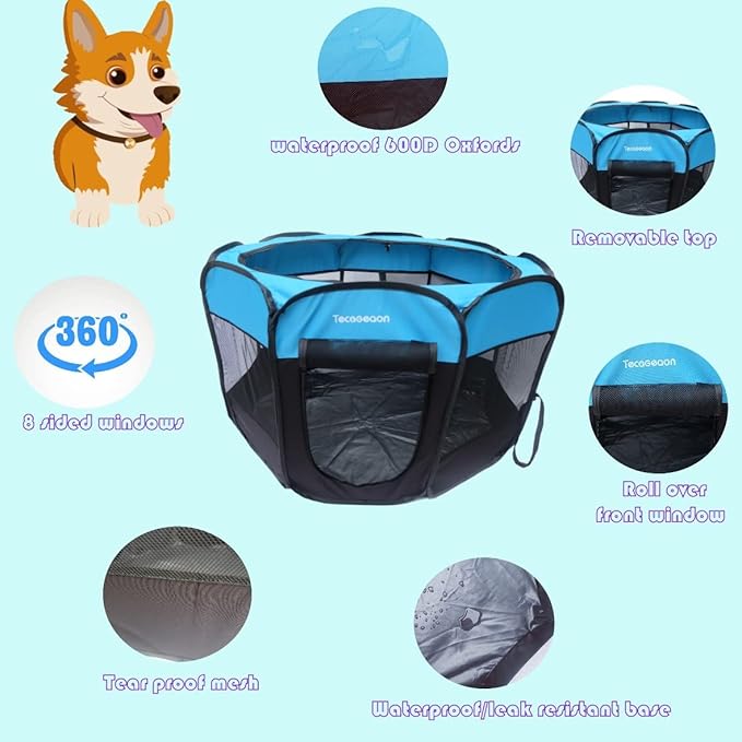 Portable Foldable Pet Playpen Exercise Pen Kennel Tent Carrying Case Indoor Outdoor Water-Resistant Removable Shade Cover for Puppies Kittens Cats Small Dogs (Blue)