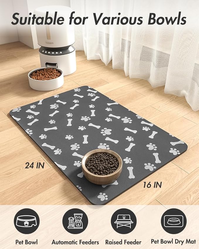 Pet Feeding Mat-Absorbent Dog Food Mat-Dog Mat for Food and Water-No Stains Quick Dry Dog Water Dispenser Mat-Pet Supplies-Dog Placemat Dog Water Bowl for Messy Drinkers 16"X24" DARK GREY