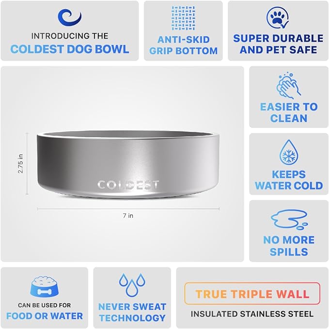 Coldest Dog Bowl, Anti Rust Metal & Non Slip Dog Bowls Large, Spill Proof Heavy Duty 3 Layers Insulated Dog Bowl, Food & Water Bowl for Dogs, Cats, Dishwasher Safe (42 oz, Polished Stainless Steel)