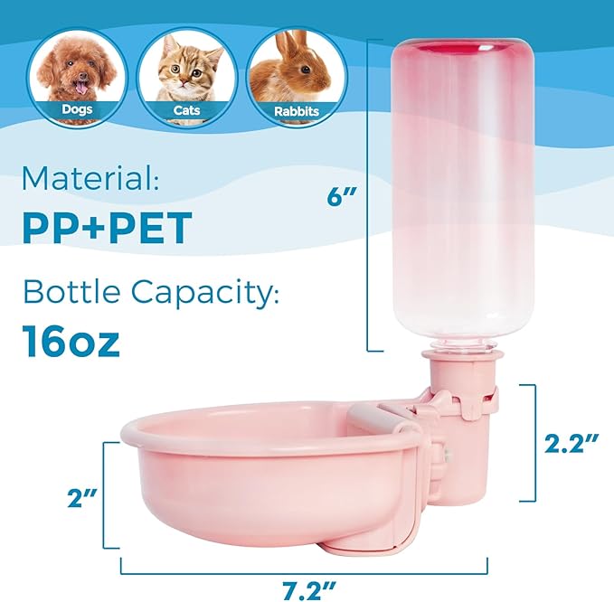 16oz Pet Water Bottle, Gravity Dog Water Bowl Dispenser for Cage, Anti-Overflow Water Dispenser for Small Dogs, Cats, Rabbits and Other Small Animals, BPA Free, Gradient Pink