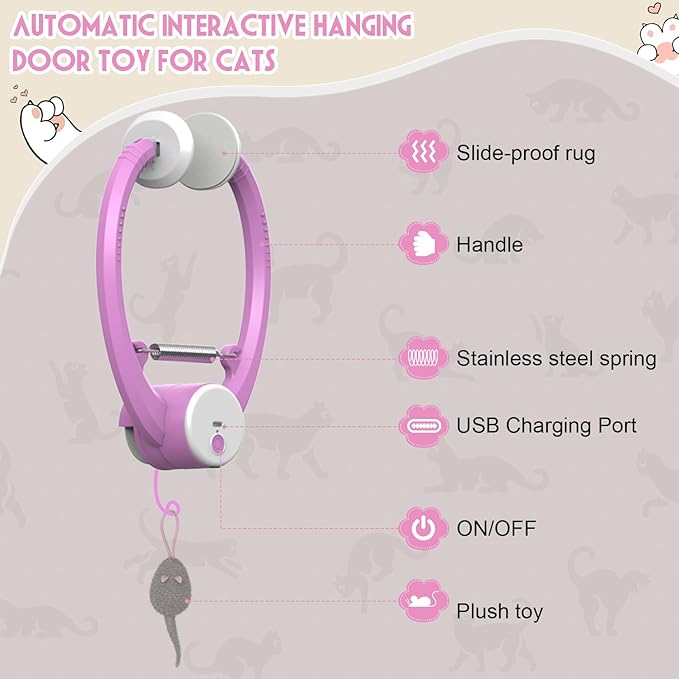 Cat Toy Interactive for Indoor Cats, Smart USB Rechargeable Door Hanging Automatic Retractable Kitten Toys, Teaser Electronic Self Play Feather Cat String Toys Attached with 3 Catnip Mice Purple