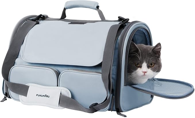 FUKUMARU Cat Carrier, Soft-Sided Small Dog Carrier, Large Cat Travel Bag with 4 Mesh Windows, Under 15 lb Airline Approved Pet Carrier with 4 Storage Pockets, Rollable Cover for Nervous Cats, Grey