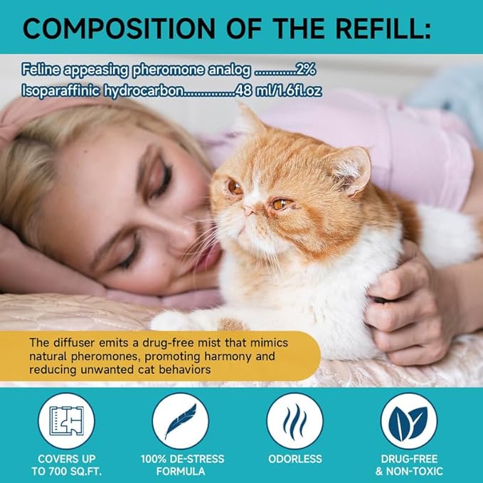 Cat Calming Diffuser - Cat Pheromones Calming Diffuser for Cat Anxiety Relief 3-in-1 Cat Pheromone Diffuser Kit with 1 Diffuser + 2 Refill 48ml Vial - 60 Days Pheromone Diffuser to Calm Cats