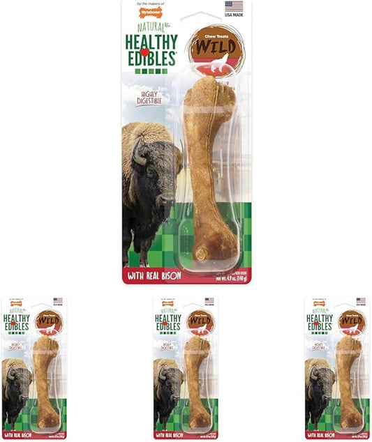 Nylabone Healthy Edibles WILD Natural Long-Lasting Bison Flavor Bone Chew Treats for Dogs, Large (1 Count) (Pack of 4)