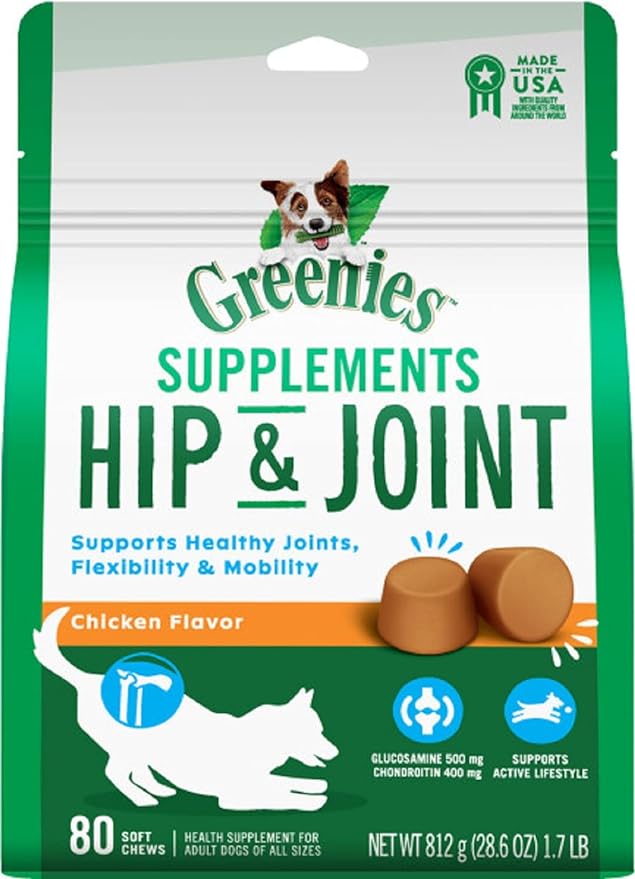 GREENIES Supplements Hip & Joint Supplements for Dogs With Glucosamine and Chondroitin, 80 Count Chicken-Flavor Soft Chews Dog Joint Supplements