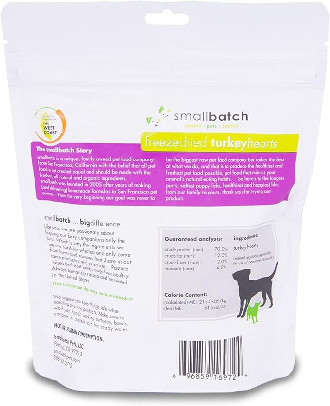 smallbatch Pets Premium Freeze-Dried Turkey Heart Treats for Dogs and Cats, 3.5 oz, Made and Sourced in The USA, Single Ingredient, Humanely Raise Meat, No Preservatives or Anything Artificial Ever