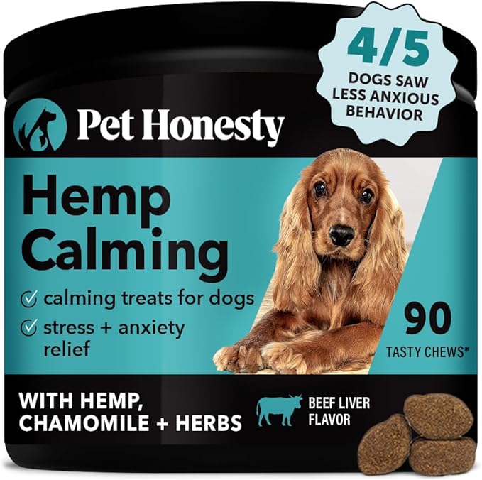 Pet Honesty Hemp Calming Chews for Dogs - Dog Anxiety Relief, Dog Calming Treats with Hemp + Valerian Root, Melatonin for Dogs - Helps Aid with Thunder, Fireworks, Chewing & Barking (Beef Liver)