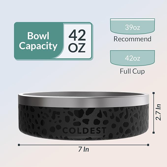 Coldest Dog Bowl - Anti Rust Metal & Non Slip Dog Bowls Large, Spill Proof Heavy Duty 3 Layers Insulated Dog Bowl - Food and Water Bowl for Dogs, Cats & Pets, Dishwasher Safe (42 oz, Black Leopard)