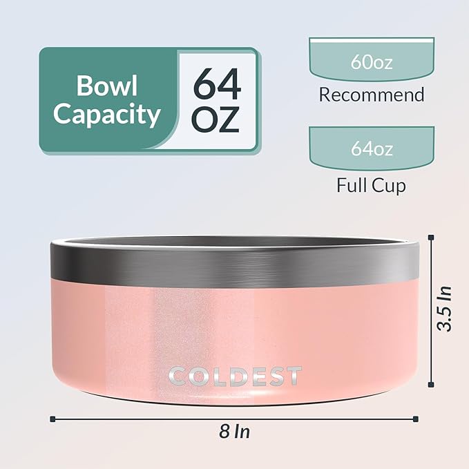 Coldest Dog Bowl, Anti Rust Metal & Non Slip Dog Bowls Large, Spill Proof Heavy Duty 3 Layers Insulated Dog Bowl, Food & Water Bowl for Dogs, Cats, Dishwasher Safe (64 oz, Forever Pink Glitter)