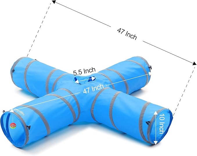 4 Way CAT Toy Tunnels - 47" x 47" x 10" Large Cat Tubes and Tunnels - Pop Up Design (Blue)